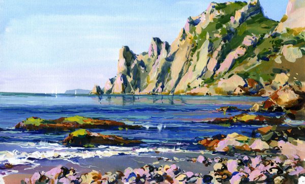 Корабль в море гуашью