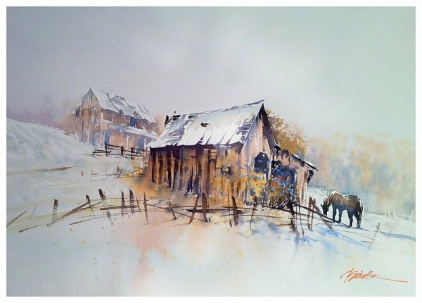 Снежный пейзаж акварелью