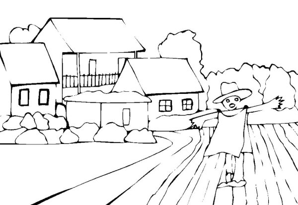 Раскраска пейзаж деревня