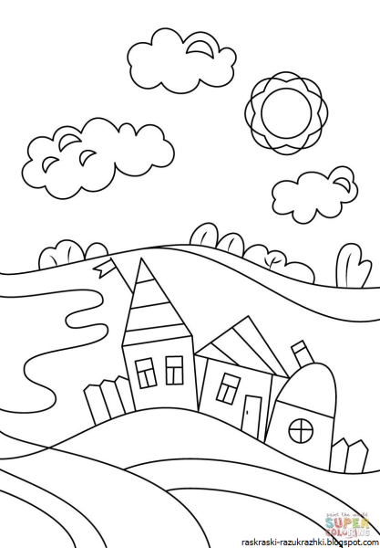 Раскраска пейзаж деревня