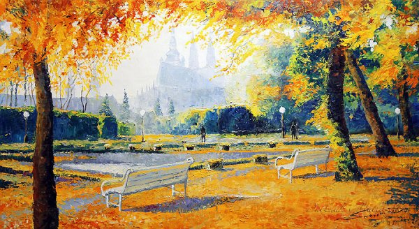 Акварель осень пейзаж город