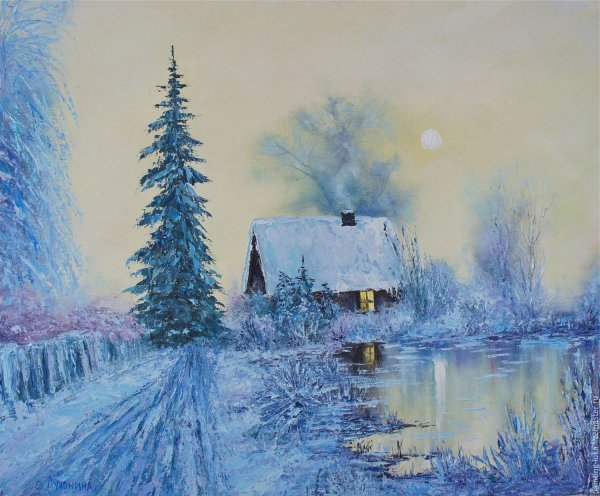 Зимний пейзаж красками