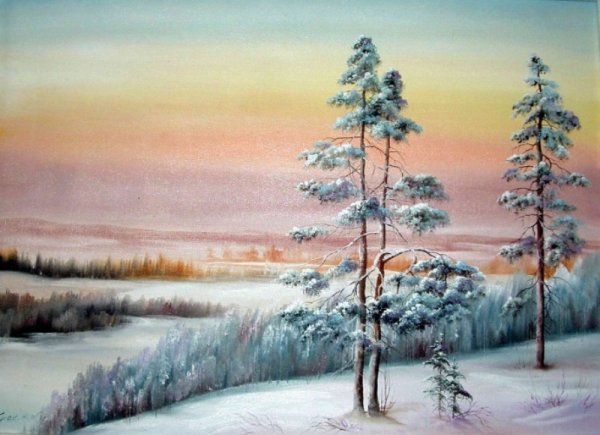 Лес зимой красками