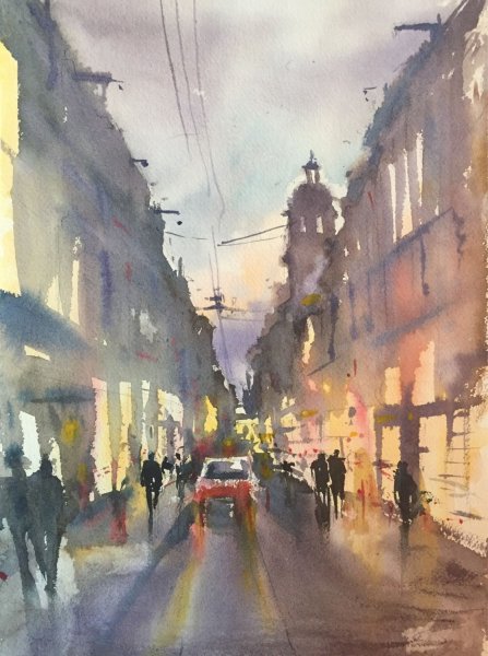 Ночной город акварелью