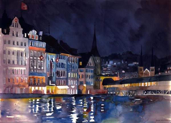 Акварель дождь в городе