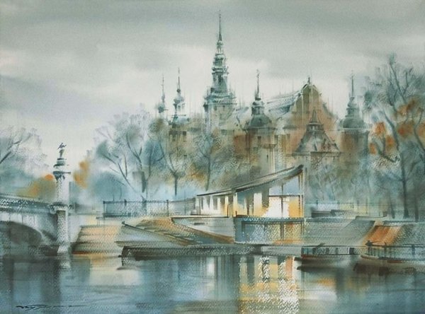 Ночной пейзаж акварелью