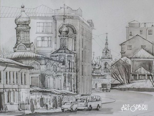 Пейзаж Москвы карандашом