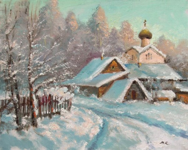 Зимний пейзаж с храмом