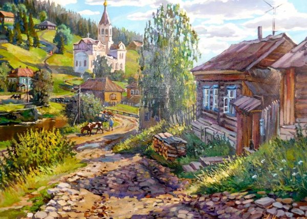 Сельский пейзаж акварелью