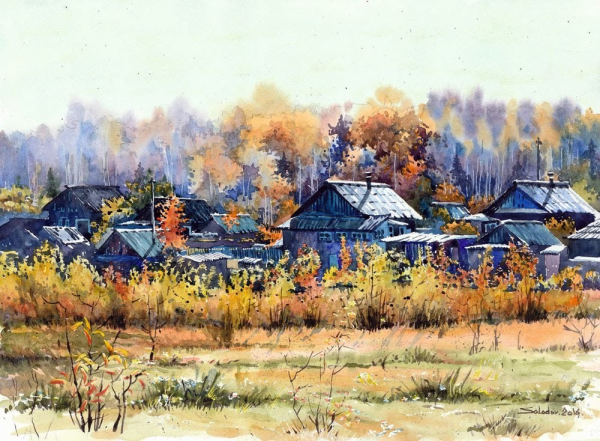 Деревенский пейзаж гуашью