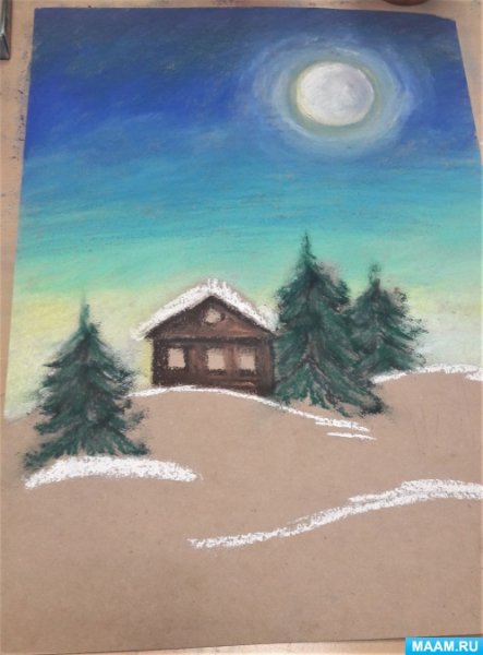 Зимний пейзаж пастелью для детей