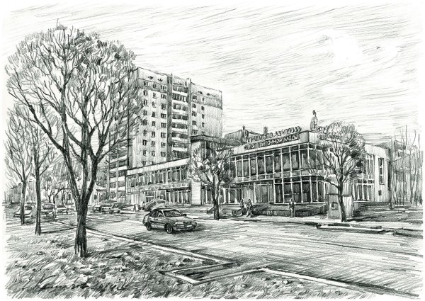 Город в перспективе карандашом