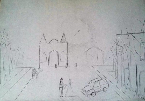 Пейзаж здания карандашом