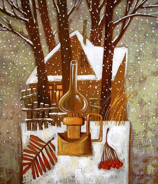 Зима в городе гуашь