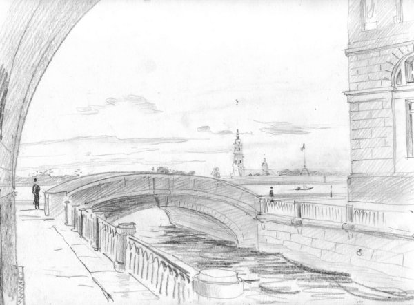 Пейзаж с архитектурой карандашом