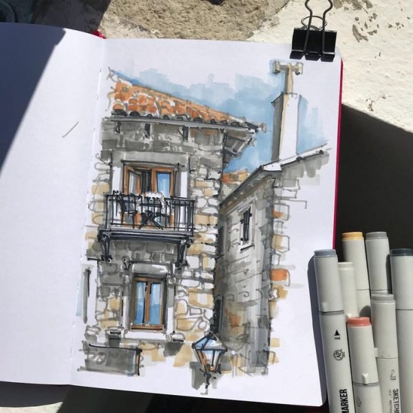 Скетч маркерами архитектура Екатерина Пластинина