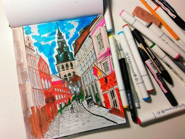 Скетч города маркерами