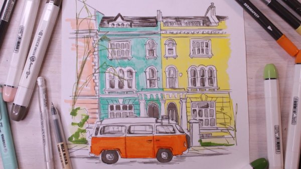 Октябрьский пейзаж маркерами для скетчинга