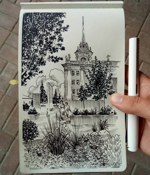 Декоративный пейзаж гелевой ручкой