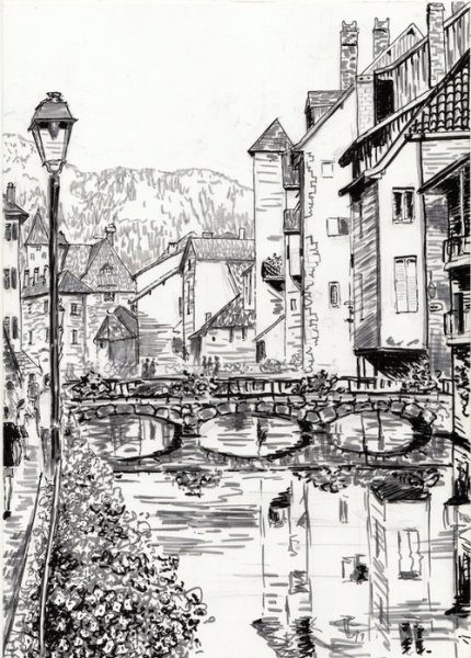 Городской пейзаж в графике гелевой ручкой