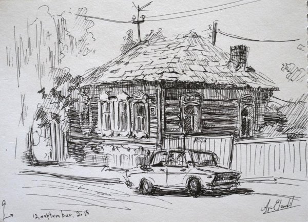 Сельский пейзаж гелевой ручкой