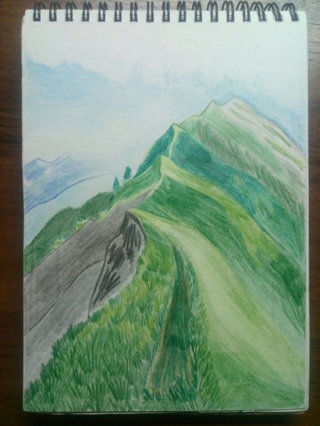 Пейзаж горы цветными карандашами