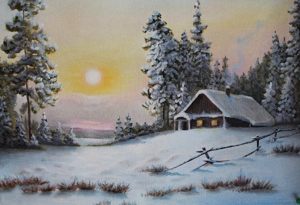 Зимний пейзаж с домиком