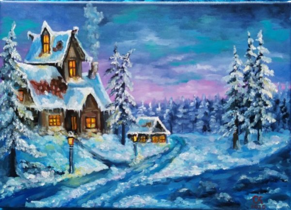 Зимний пейзаж с домиком