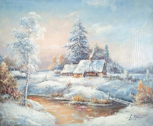 Зимние пейзажи с домиком и речкой