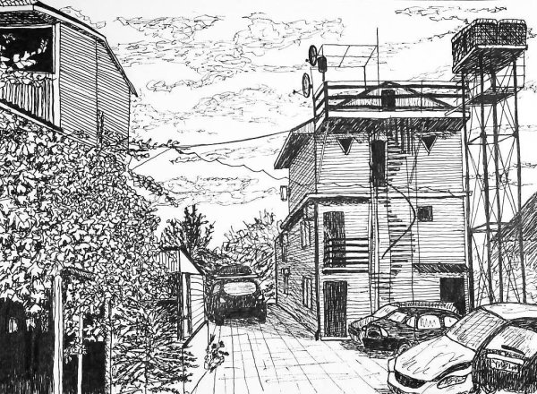 Графический пейзаж гелевой ручкой