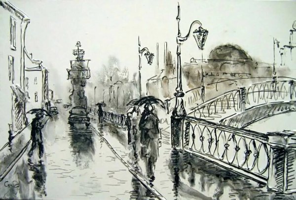 Гризайль акварелью городской пейзаж