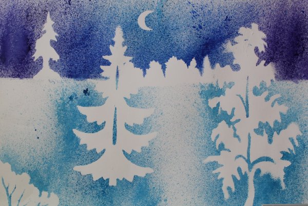 Рисование в технике набрызг зимний