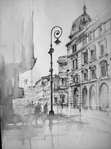 Архитектурный пейзаж углем