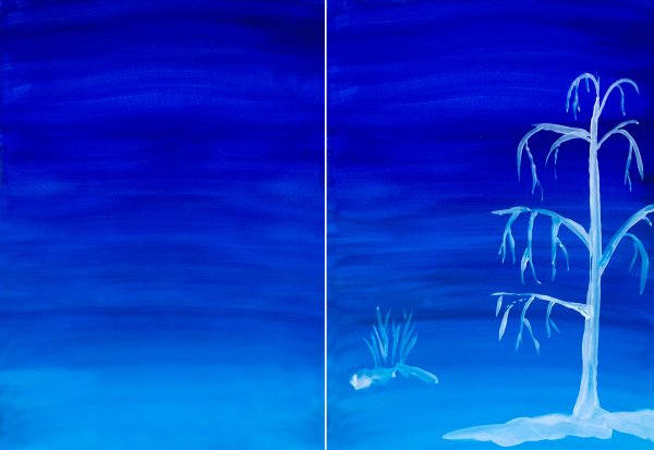 Пейзаж белой гуашью