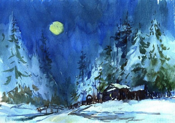 Рисование зимы белой гуашью