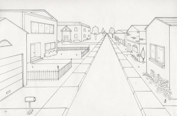 Линейная перспектива улицы карандашом