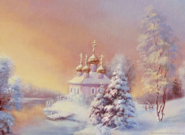 Зимний пейзаж акварелью с храмом