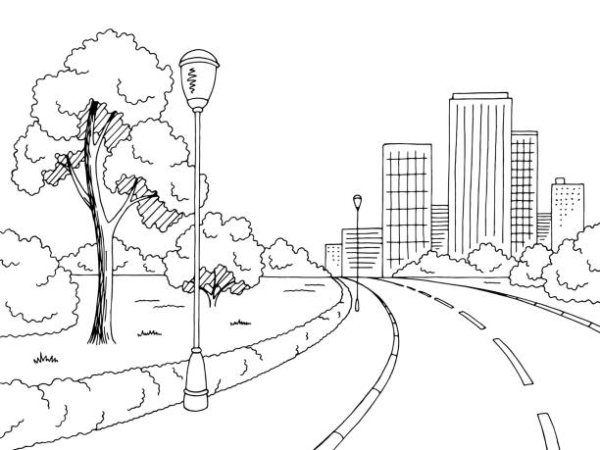 Раскраска пейзаж с дорогой