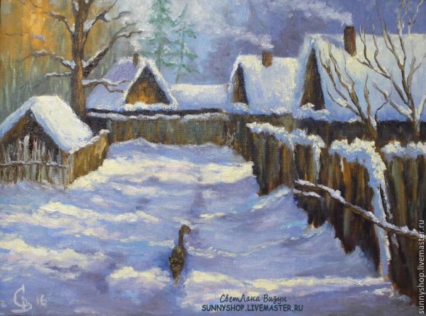 Деревня зимой живопись