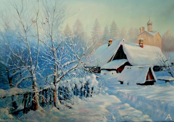 Заснеженный домик живопись