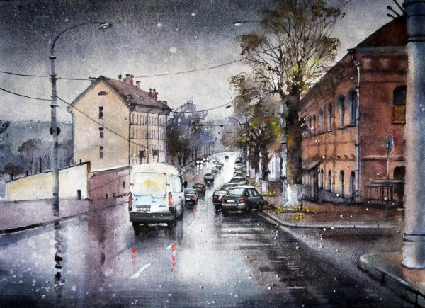 Серый город акварелью