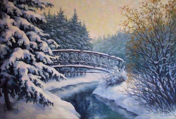 Зимний пейзаж с мостом