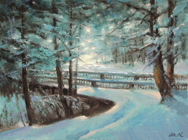 Зимний пейзаж с домом акрилом