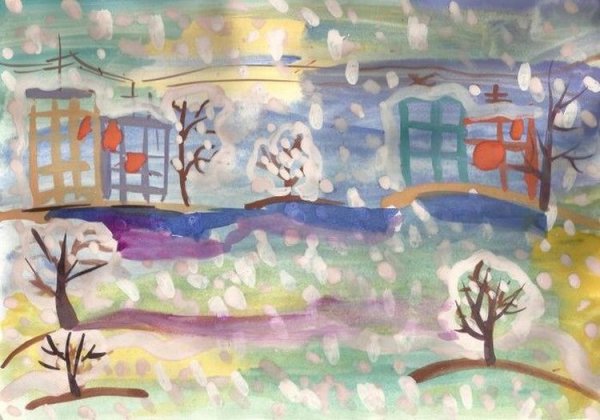 Зимний городской пейзаж карандашом