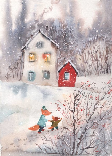 Акварельные домики зимой