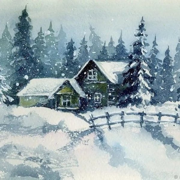 Зимняя ночь акварель