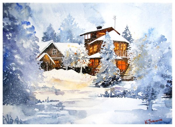 Домик зимой акварель