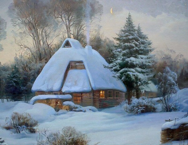 Новогодний пейзаж акварелью