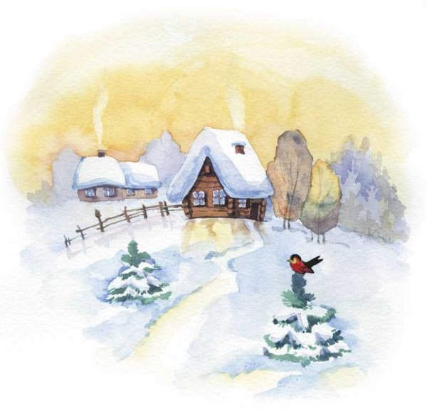 Деревянный дом зима акварель