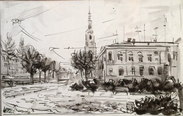 Графика тушь перо городской пейзаж